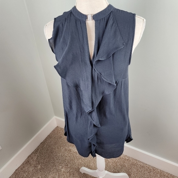 H&M Semi Sheer Tank Top With Neck Clasp Ruffle Front Size 4 Dark Gray - Picture 1 of 8